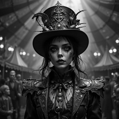 Portrait of a beautiful steampunk woman. Black and white photo.の素材