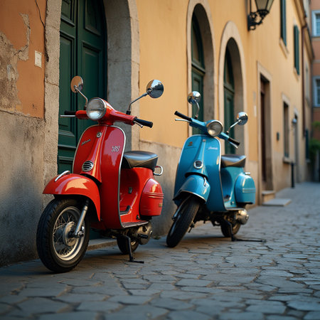 Vintage scooters parked in the old town of Rovinj, Croatiaの素材