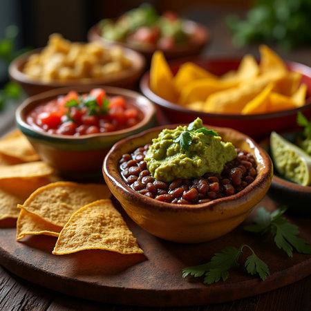 Bowls with guacamole, nachos and salsa dipの素材