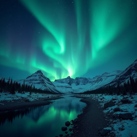 Aurora borealis, northern lights over lake in mountains.の素材