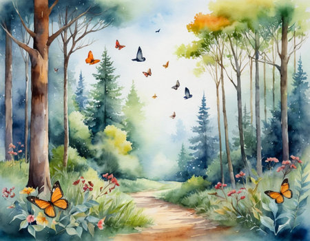 Watercolor landscape with forest, path and butterflies. Hand drawn illustrationの素材