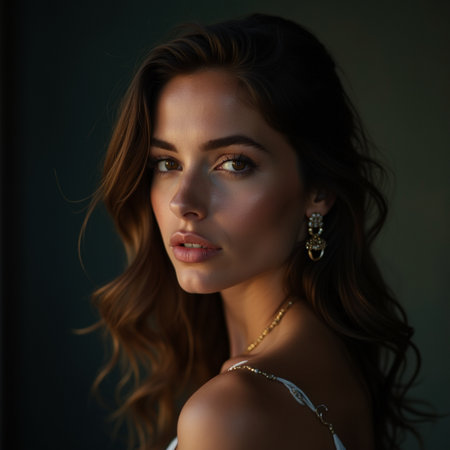 Portrait of a beautiful young woman with makeup and hairstyle.の素材