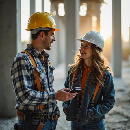 Portrait of a male and female construction workers on a building siteの素材