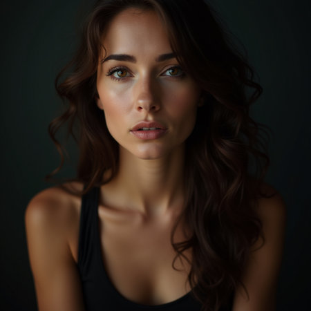 Portrait of a beautiful young brunette woman with long curly hair.の素材