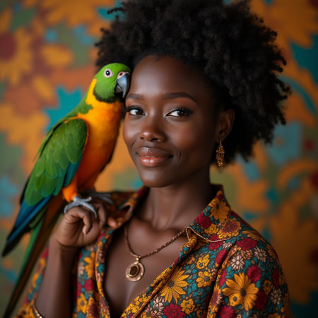 Beautiful African American woman with a parrot in her handsの素材