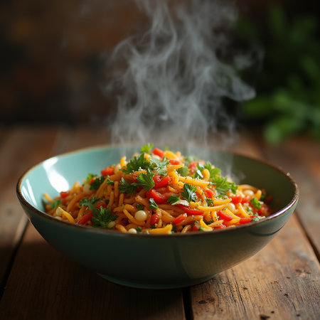 Vegetable noodles with paprika, onion and parsley in a bowlの素材