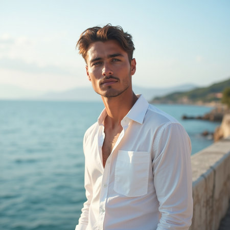 Portrait of a handsome young man in white shirt on the sea backgroundの素材