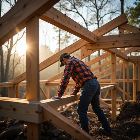 Young man working on a construction site, building a wooden frame houseの素材