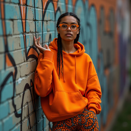 Beautiful african american woman in an orange hoodie and glasses posing against a graffiti wall.の素材