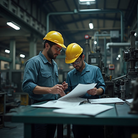 Two engineers discussing over blueprint in factory. Selective focus. Industrial conceptの素材