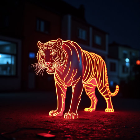 Illustration of a tiger in the street at night with a neon effectの素材