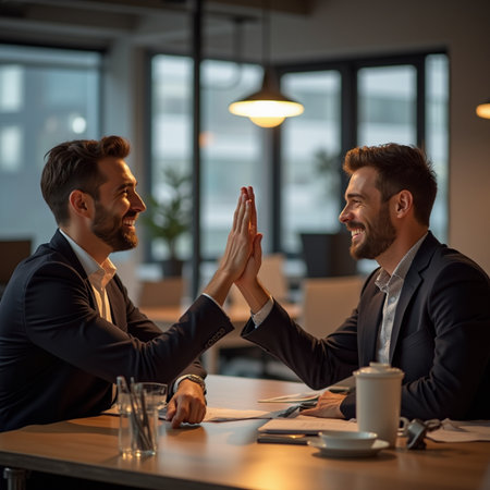 business, partnership and office concept - smiling businessmen giving high five at officeの素材