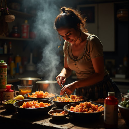 Young woman cooking food in kitchen. Selective focus. Toned.の素材