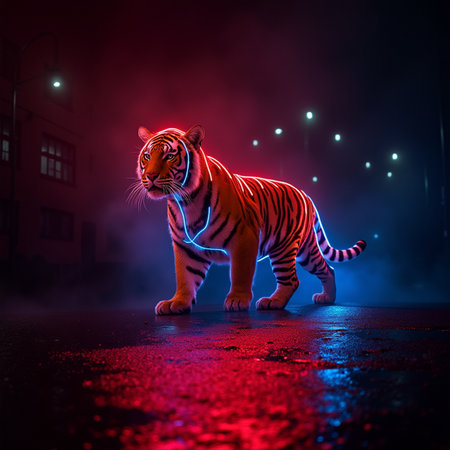 Tiger in the city at night with red light and smoke.の素材