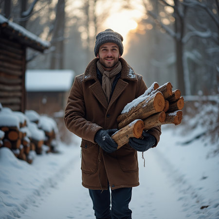 Handsome young man with a beard in a brown coat and hat holding a stack of firewood in the winter forestの素材