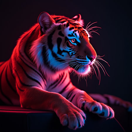Portrait of a tiger in red and blue light on a black backgroundの素材