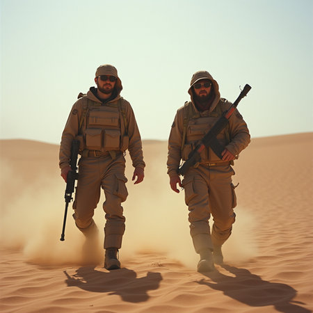 Two soldiers walking in the desert with assault rifle and machine gun.の素材