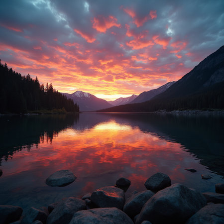 Sunset over Lake Louise in Banff National Park, Alberta, Canadaの素材