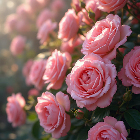 Beautiful pink roses in the garden. Soft focus. Nature background.の素材