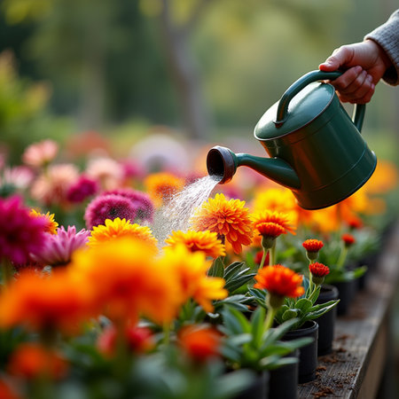 Watering flowers in the garden. Gardening concept. Selective focusの素材