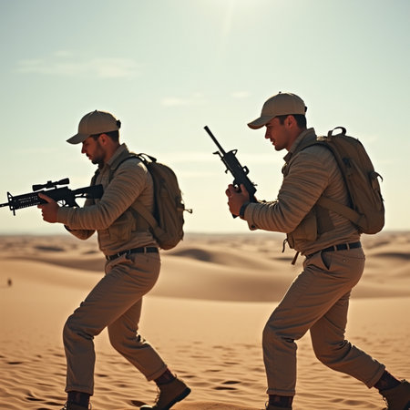 Two soldiers in the desert. Men with assault rifle and machine gun.の素材