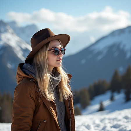 Beautiful young woman with hat and sunglasses on the background of mountainsの素材