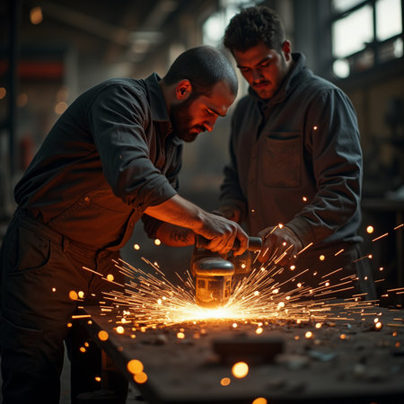 Welder at work. Two young men working with metal in a workshop.の素材