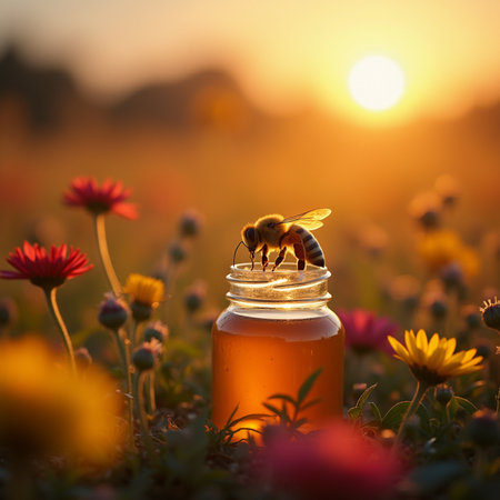 Honey in a glass jar and a bee on a background of flowersの素材