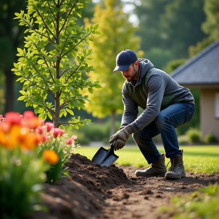 Gardener planting flowers in the garden. Gardening concept.の素材