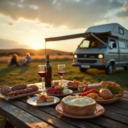 Picnic with food and wine at sunset in front of campervanの素材