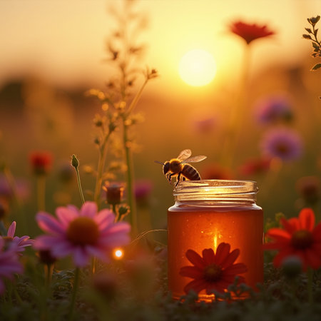 Honey in glass jar and bee on flower meadow at sunsetの素材