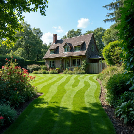 Beautiful back yard in a traditional English country house with green lawnの素材