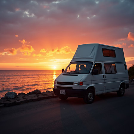Campervan on the beach at sunset. Camping on the sea coast.の素材
