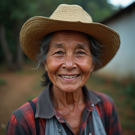 Portrait of Asian senior woman smiling at camera in farm.の素材
