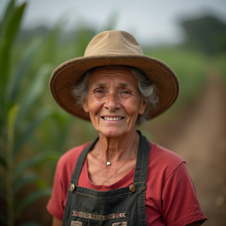 Portrait of a smiling senior woman in a straw hat standing in a cornfieldの素材