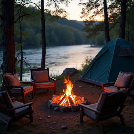 Camping by the river at sunset. Camping by the river.の素材