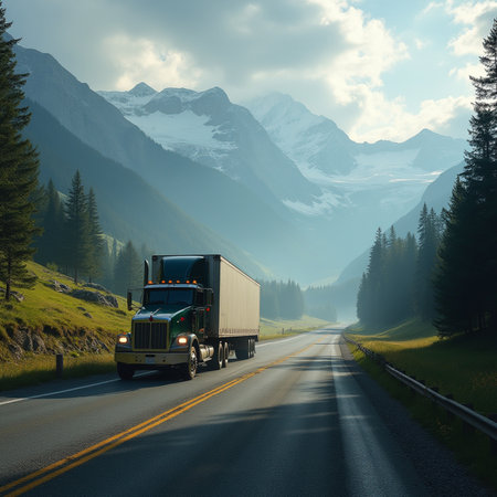 Truck on the road in the mountains. Transportation and logistics conceptの素材