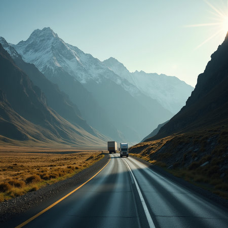 Truck on the road in the mountains. Transportation and travel concept.の素材