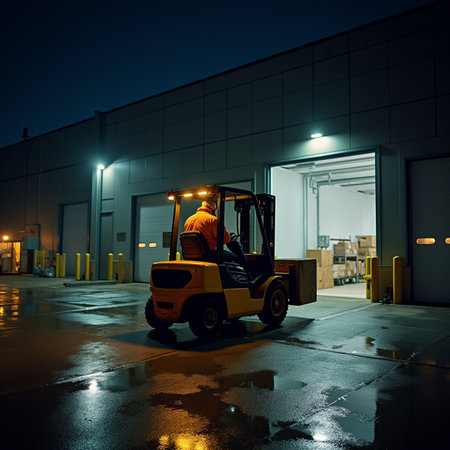 Forklift loader working in warehouse at night. Industrial background.の素材