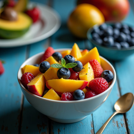 Fresh fruit salad with mango, blueberries, raspberries and kiwiの素材