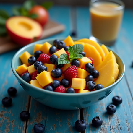 Fresh fruit salad with mango, blueberries and raspberries in bowlの素材