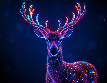 Neon deer with glowing dots on dark background. 3D renderingの素材