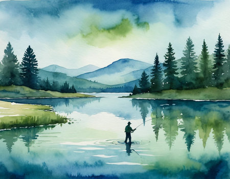 Fisherman on the lake in the mountains. Watercolor paintingの素材