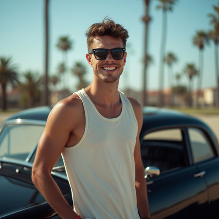 Handsome young man in sunglasses standing near a classic car.の素材