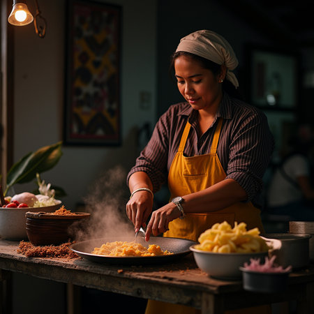 Beautiful Asian woman in apron cooking pasta in the kitchen.の素材