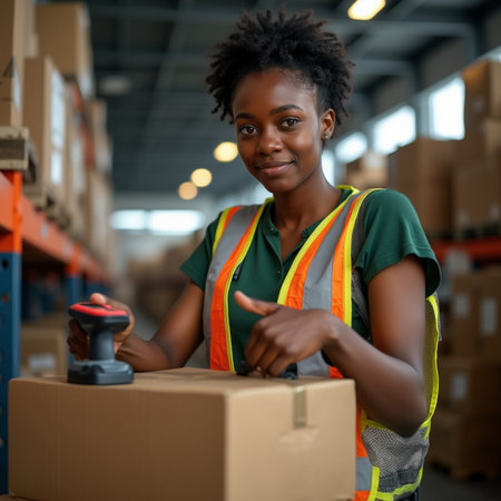 african american female warehouse worker pointing at cardboard box in warehouseの素材