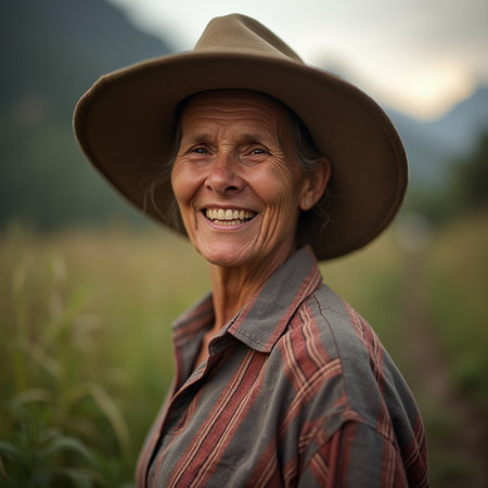 Portrait of a smiling senior woman in a cowboy hat on a fieldの素材