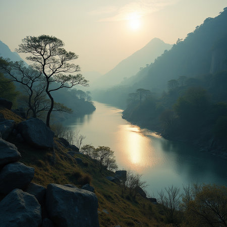 beautiful landscape of river and mountain at sunset in China.の素材