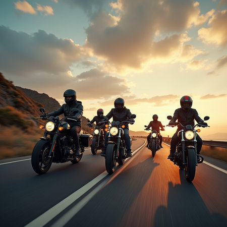 Motorcyclists riding on the road at sunset. Bikers travel on motorcycles.の素材