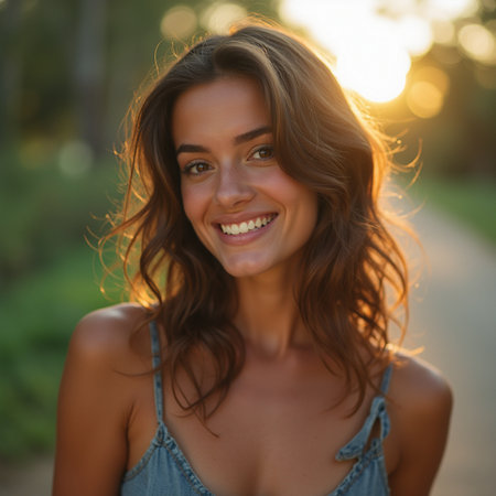 Close up portrait of a beautiful smiling young brunette woman in summer parkの素材